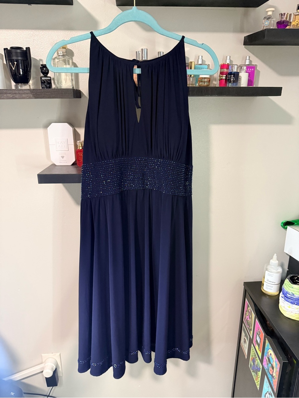 R&M Richards Navy Beaded Waist Midi Dress